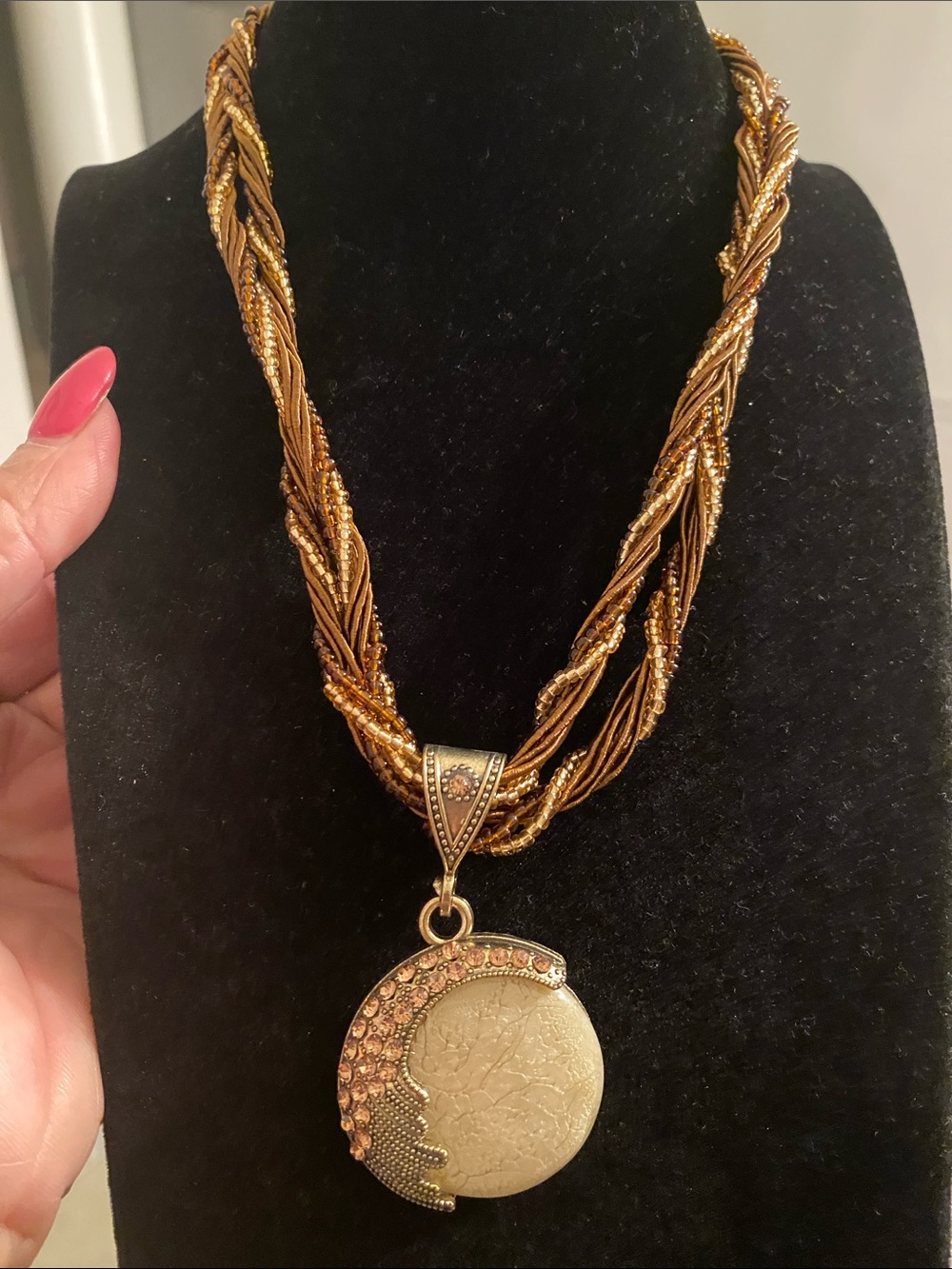 Vintage Gold-Tone Braided Pendant Necklace with Crescent Medallion
